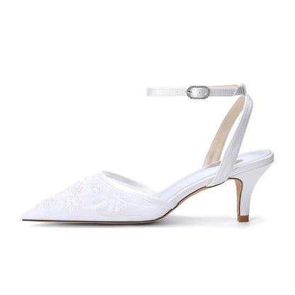 Women's Kitten Heel Ankle-Strap Lace Wedding Shoes For Bride