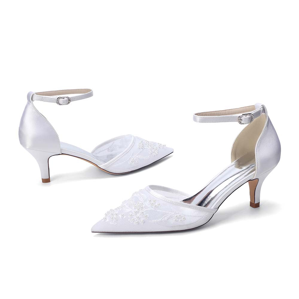 Women's Kitten Heel Closed-Back Lace Wedding Shoes For Bride