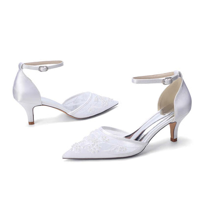 Women's Kitten Heel Closed-Back Lace Wedding Shoes For Bride