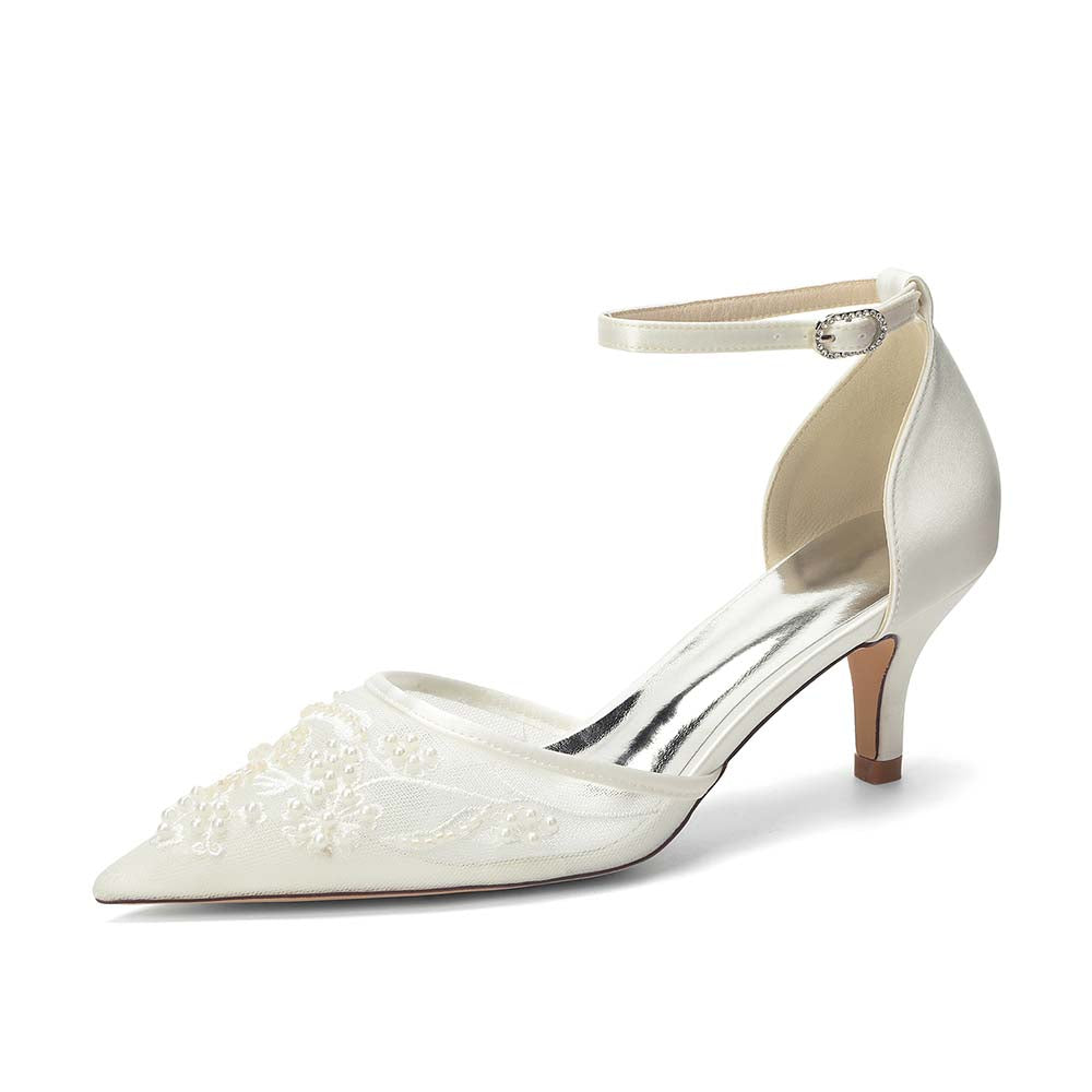 Women's Kitten Heel Closed-Back Lace Wedding Shoes For Bride