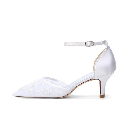 Women's Kitten Heel Closed-Back Lace Wedding Shoes For Bride