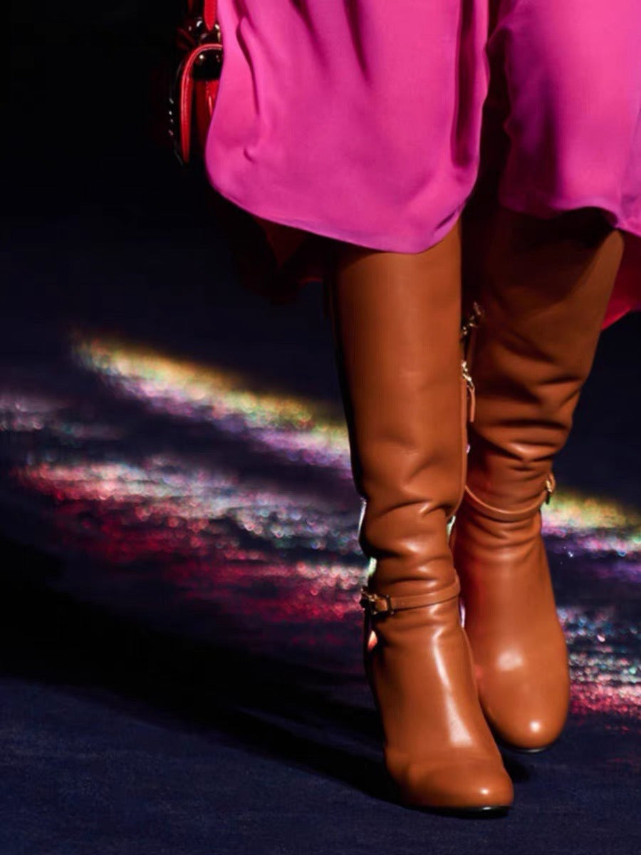 Women's Knee High Boots Chunky Gold Heel Ankle Strap Riding Boots