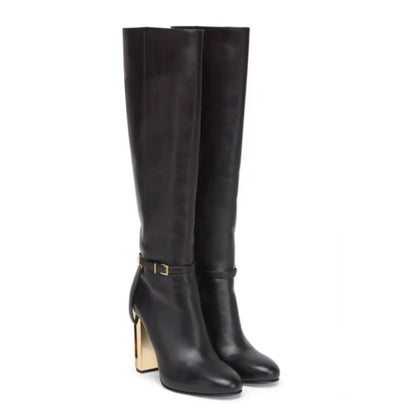 Women's Knee High Boots Chunky Gold Heel Ankle Strap Riding Boots