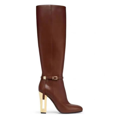 Women's Knee High Boots Chunky Gold Heel Ankle Strap Riding Boots