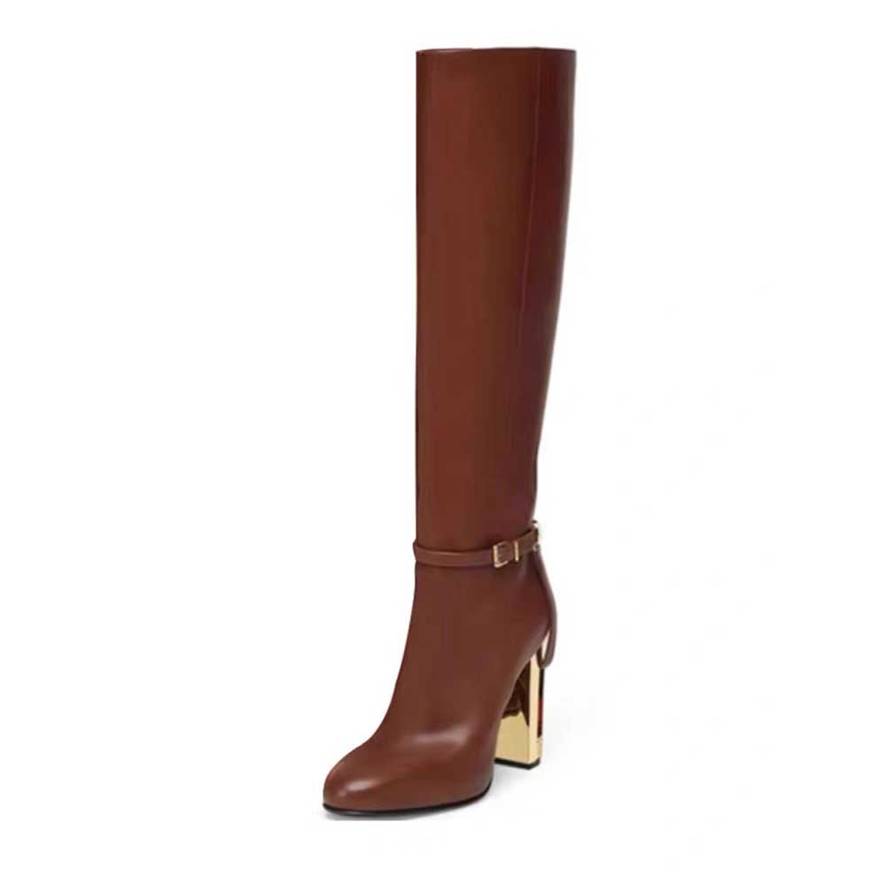 Women's Knee High Boots Chunky Gold Heel Ankle Strap Riding Boots