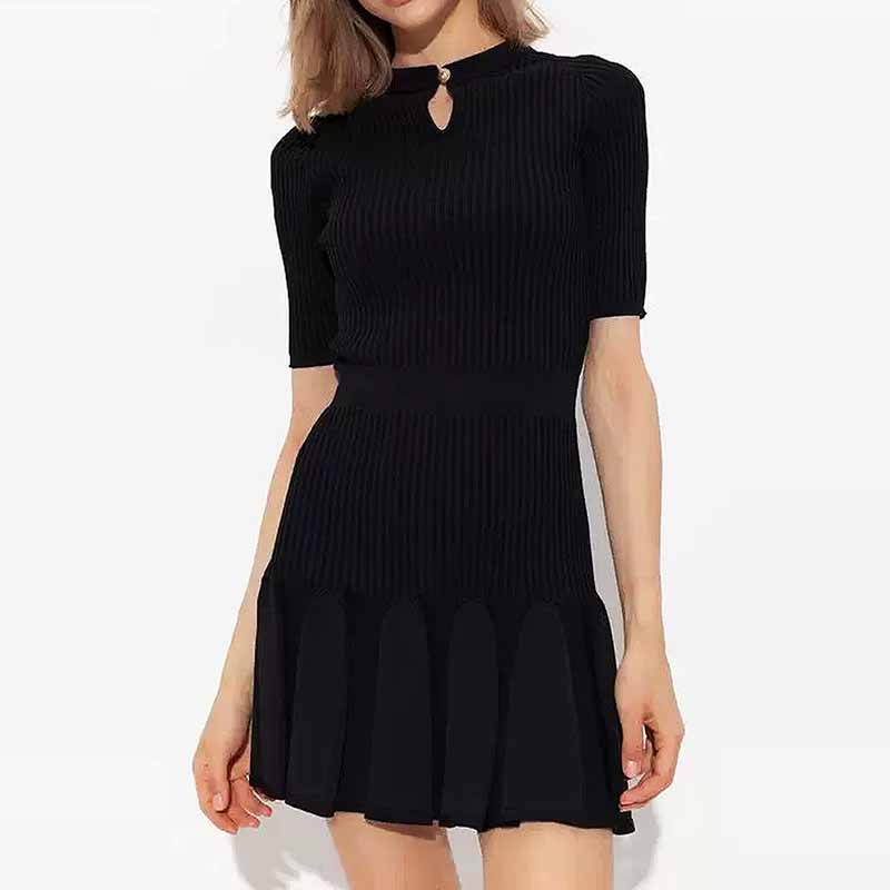 Women's Knitted Skater Short Dress Ribbed Mini Dress in Black