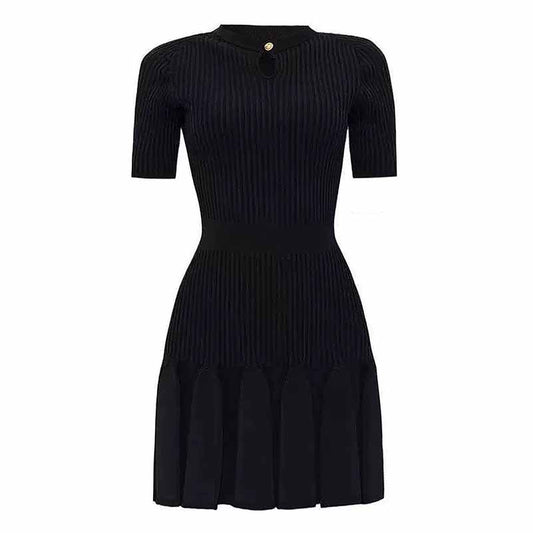 Women's Knitted Skater Short Dress Ribbed Mini Dress in Black