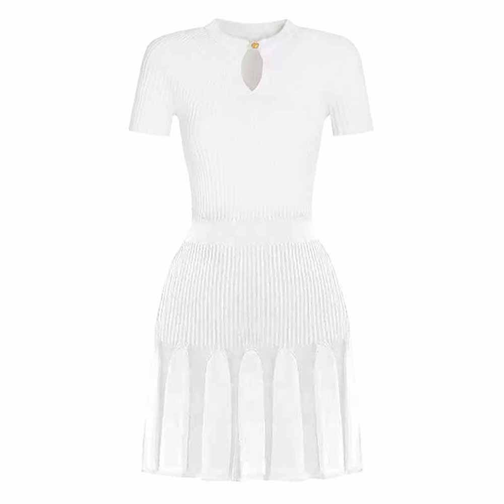 Women's Knitted Skater Short Dress Ribbed Mini Dress in White