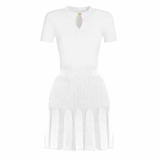 Women's Knitted Skater Short Dress Ribbed Mini Dress in White