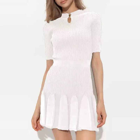 Women's Knitted Skater Short Dress Ribbed Mini Dress in White