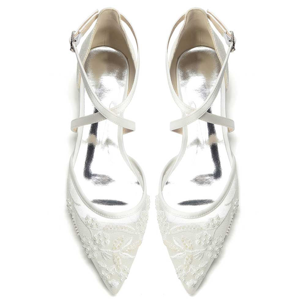 Women's Lace Bridal Shoes Pointed Toe Crossing Strap Flats Wedding Shoes