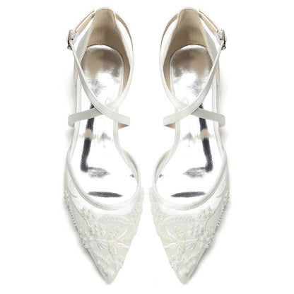 Women's Lace Bridal Shoes Pointed Toe Crossing Strap Flats Wedding Shoes