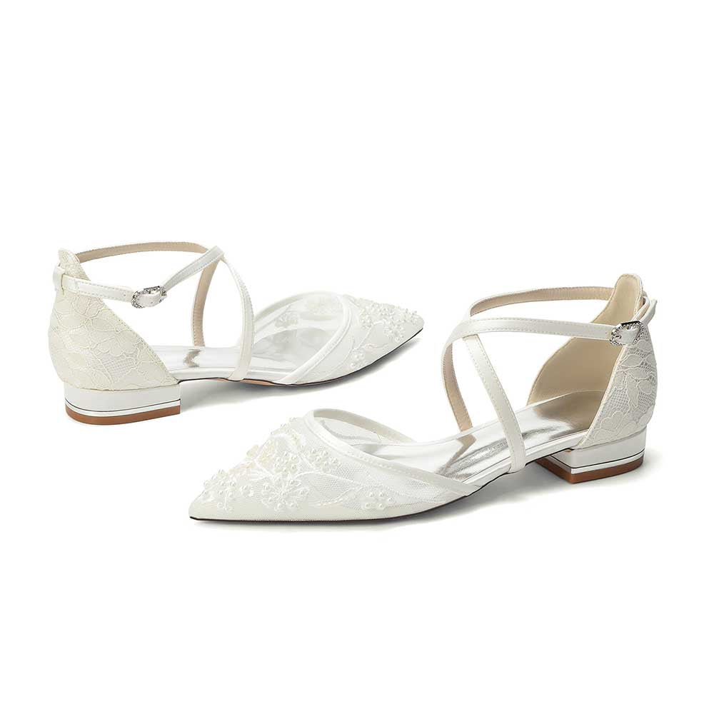 Women's Lace Bridal Shoes Pointed Toe Crossing Strap Flats Wedding Shoes