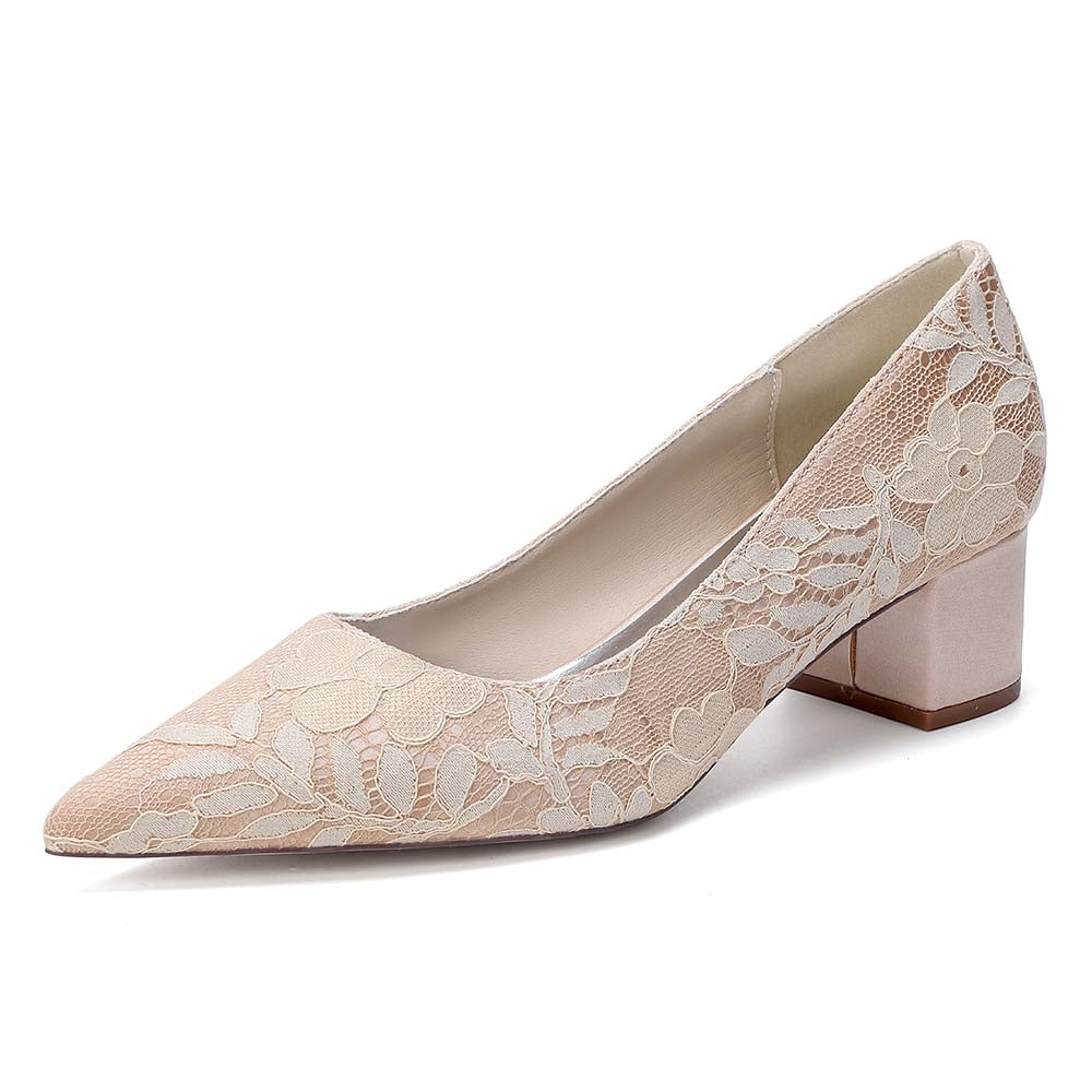 Women's Lace Pointed Toe Chunky Heel Shoes - Wedding Bridal & Formal Evening Pumps