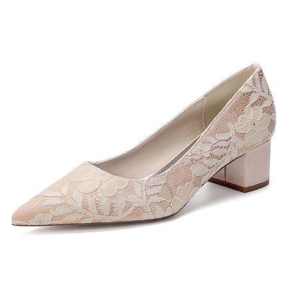 Women's Lace Pointed Toe Chunky Heel Shoes - Wedding Bridal & Formal Evening Pumps