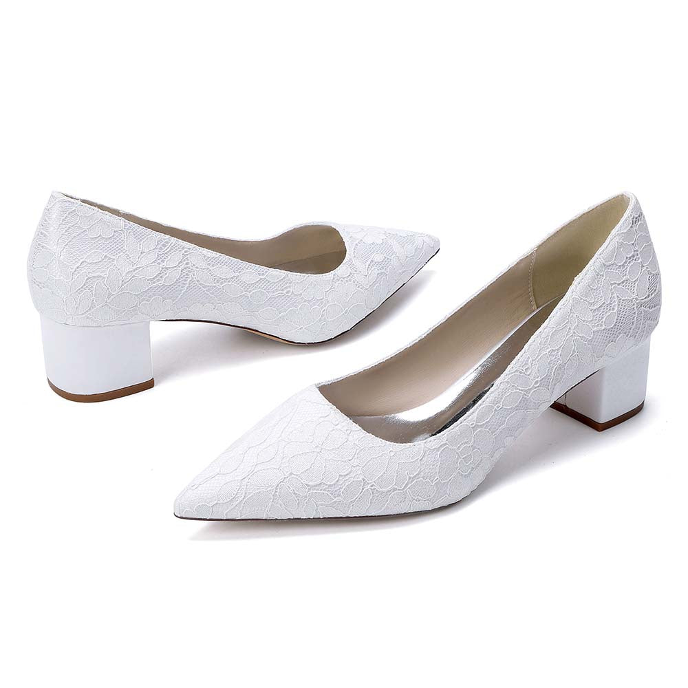 Women's Lace Pointed Toe Chunky Heel Shoes - Wedding Bridal & Formal Evening Pumps