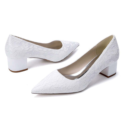 Women's Lace Pointed Toe Chunky Heel Shoes - Wedding Bridal & Formal Evening Pumps