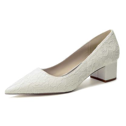 Women's Lace Pointed Toe Chunky Heel Shoes - Wedding Bridal & Formal Evening Pumps