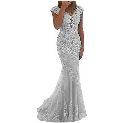 Lace Bridesmaid Dress Mermaid V Neck Long Evening Dresses Formal Wedding Gown