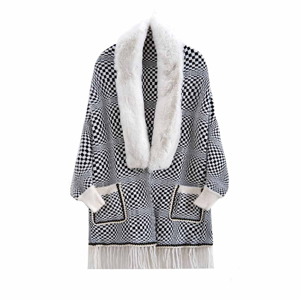 Women's Large Size Knit Cape Shawl Coat Plaid Batwing Cardigan Sweater Cloak