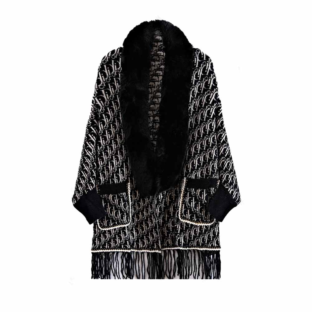 Women's Large Size Knit Cape Shawl Coat Plaid Batwing Cardigan Sweater Cloak