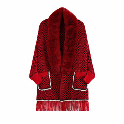 Women's Large Size Knit Cape Shawl Coat Plaid Batwing Cardigan Sweater Cloak