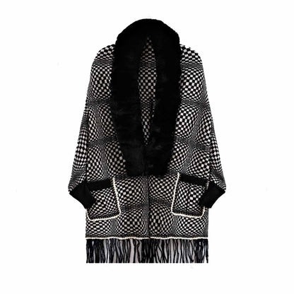 Women's Large Size Knit Cape Shawl Coat Plaid Batwing Cardigan Sweater Cloak