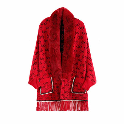 Women's Large Size Knit Cape Shawl Coat Plaid Batwing Cardigan Sweater Cloak