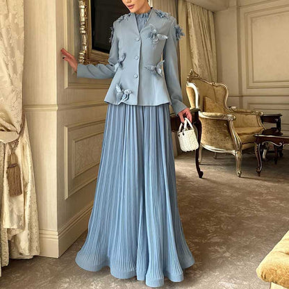 Women's Long Skirt Suit With Flower Embellished Long Sleeve Top and Midi Skirt