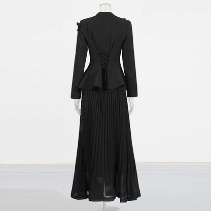 Women's Long Skirt Suit With Flower Embellished Long Sleeve Top and Midi Skirt