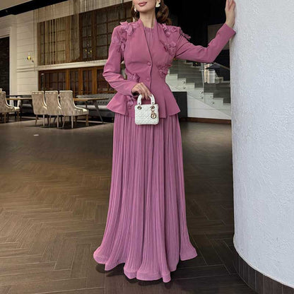Women's Long Skirt Suit With Flower Embellished Long Sleeve Top and Midi Skirt