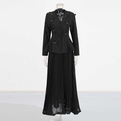 Women's Long Skirt Suit With Flower Embellished Long Sleeve Top and Midi Skirt