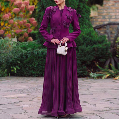 Women's Long Skirt Suit With Flower Embellished Long Sleeve Top and Midi Skirt