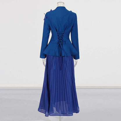 Women's Long Skirt Suit With Flower Embellished Long Sleeve Top and Midi Skirt