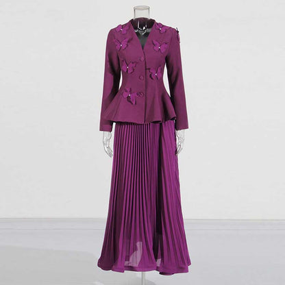 Women's Long Skirt Suit With Flower Embellished Long Sleeve Top and Midi Skirt