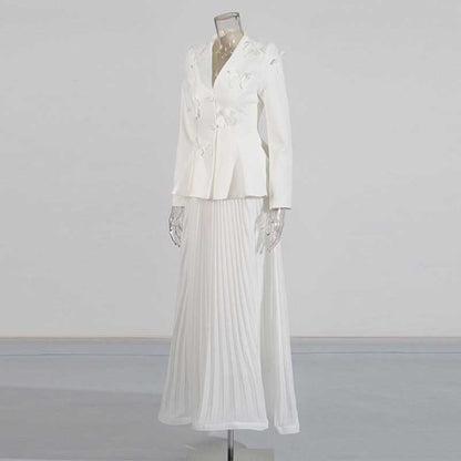 Women's Long Skirt Suit With Flower Embellished Long Sleeve Top and Midi Skirt