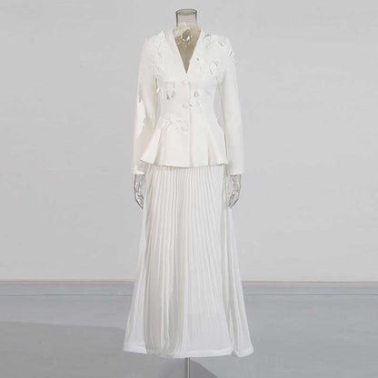 Women's Long Skirt Suit With Flower Embellished Long Sleeve Top and Midi Skirt