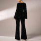 Women's Long Sleeve Black Sequin Jumpsuit With Belt Detail One Piece Suit