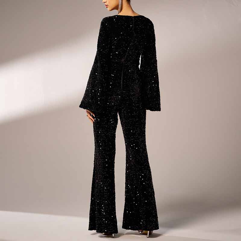 Women's Long Sleeve Black Sequin Jumpsuit With Belt Detail One Piece Suit