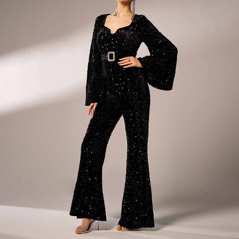 Women's Long Sleeve Black Sequin Jumpsuit With Belt Detail One Piece Suit