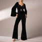 Women's Long Sleeve Black Sequin Jumpsuit With Belt Detail One Piece Suit