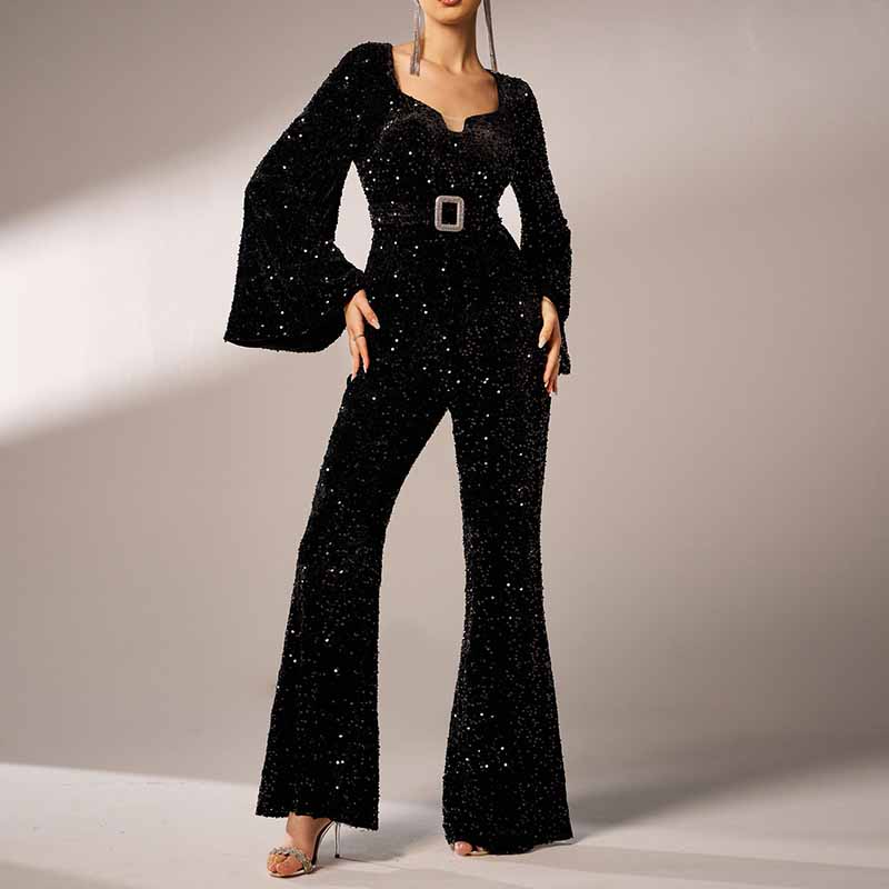 Women's Long Sleeve Black Sequin Jumpsuit With Belt Detail One Piece Suit