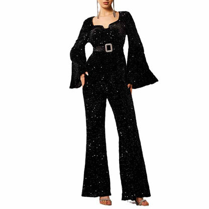 Women's Long Sleeve Black Sequin Jumpsuit With Belt Detail One Piece Suit