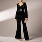 Women's Long Sleeve Black Sequin Jumpsuit With Belt Detail One Piece Suit