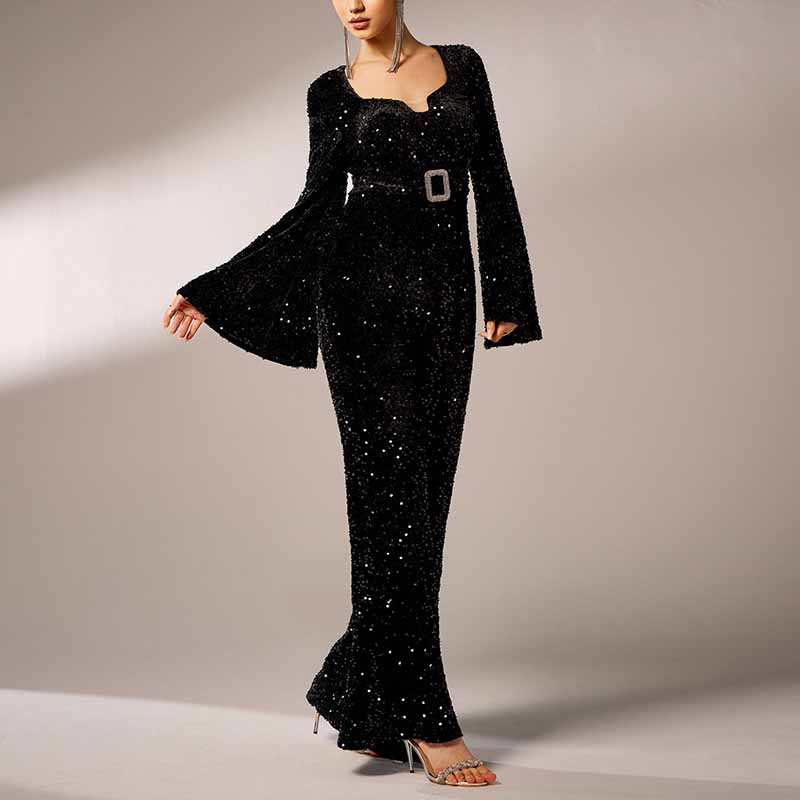 Women's Long Sleeve Black Sequin Jumpsuit With Belt Detail One Piece Suit