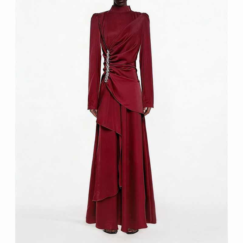 Women’s Long Sleeve Formal Dress – Stand-Up Collar, Hand Beaded Detail