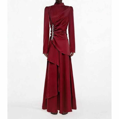 Women’s Long Sleeve Formal Dress – Stand-Up Collar, Hand Beaded Detail