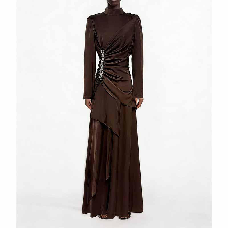 Women’s Long Sleeve Formal Dress – Stand-Up Collar, Hand Beaded Detail