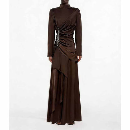 Women’s Long Sleeve Formal Dress – Stand-Up Collar, Hand Beaded Detail