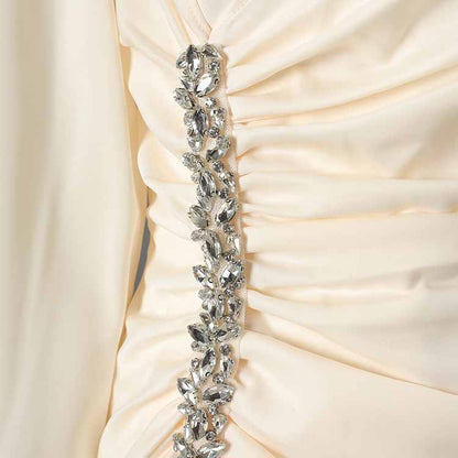 Women’s Long Sleeve Formal Dress – Stand-Up Collar, Hand Beaded Detail